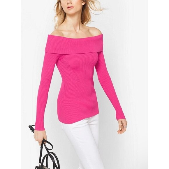 Michael Kors Ribbed Off the Shoulder Top Electric Pink Size S Knit Sweater - Picture 1 of 9